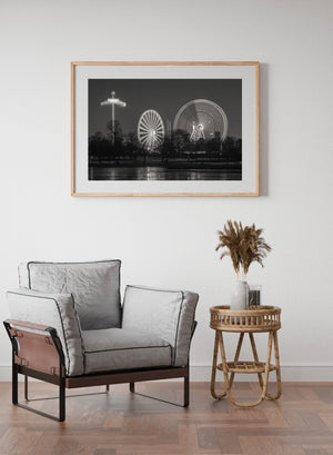 Fine art photo of amusement park rides in monochrome