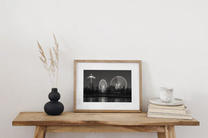 Black and white photo of Hyde Park fairground attractions