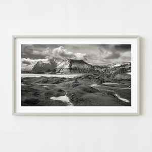 Black and white volcanic mountain landscape near Reykjavik Iceland