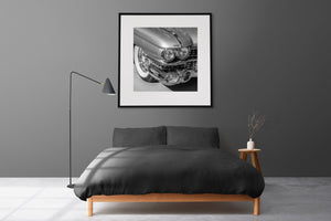 Retro Cadillac front grille and lights in monochrome