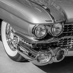 Black and white detail of vintage Cadillac Eldorado front end
