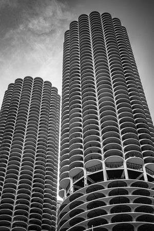 Chicago Marina City cylindrical skyscrapers in monochrome architectural style