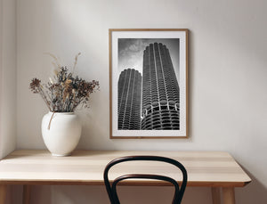 Upward perspective of Marina City high rise buildings in black and white