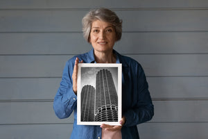 Iconic Chicago riverfront architecture Marina City in monochrome