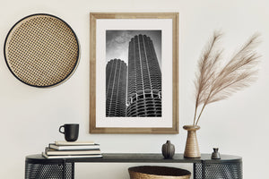 Modernist skyscraper design of Marina City Towers photographed in black and white