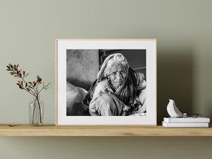 black and white street portrait elderly woman India direct gaze