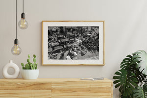 dense city street scene India transportation and market stalls