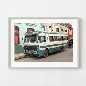 vintage Cuban bus parked on narrow street in Santa Marta
