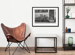 urban decay wall and vintage bicycle in black and white