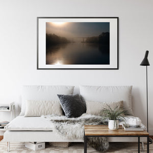 Misty Florida waterway with trees and gentle ripples