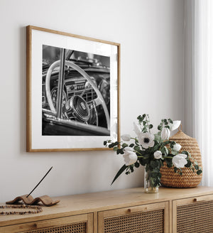 Retro dashboard of a 1940s Cadillac captured in detail