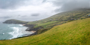 Ireland seaside cliffs and farmland on a misty day