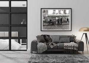 Cobbled Dublin street scene captured in black and white