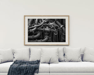 Monochrome photo of factory pipe system