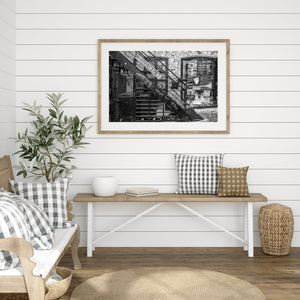 Winter scene of graffiti and iron staircase in Oslo's cityscape