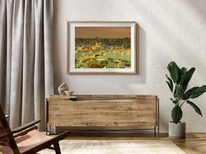 Istanbul at dusk with Galata Bridge linking shorelines beneath domes, minarets and warm city lights.