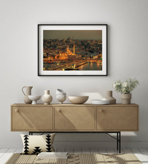 Istanbul skyline and Galata Bridge under a colorful sunset
