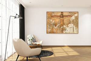 Old fresco of crucifixion with damaged textured surface