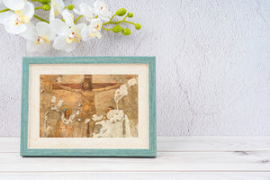 Monochrome style ancient crucifixion painting on old plaster