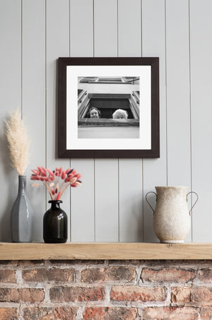 Candid black and white photo of older women watching street from window  