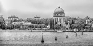 Black and white waterfront scene of Lido Venice