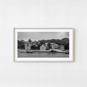 Black and white photograph of Venice waterfront buildings along Giudecca Canal