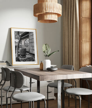 Ancient tree trunk wrapping around stone vessel in Japanese garden