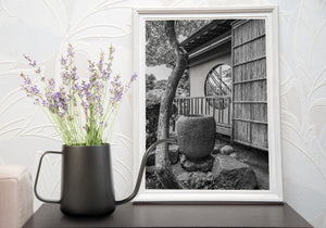 Peaceful Japanese garden architecture captured in black and white