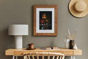 autumn leaves framing Sapporo clock tower building night scene