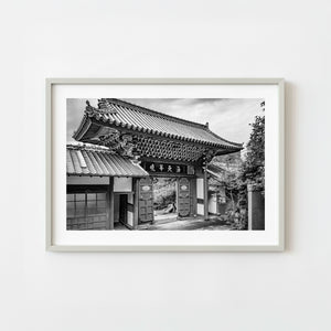 Traditional Japanese temple gate in Nagasaki in black and white