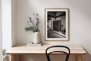 Antique tansu drawers in traditional Japanese house interior black toned photo