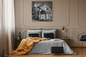 Historic style Japanese storefront and street pole in black and white