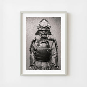Ancient samurai armor displayed in Tokyo Samurai Museum in monochrome