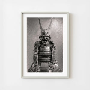 Samurai armor with tall crescent helmet crest in monochrome