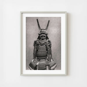 Samurai armor with tall crescent helmet crest in monochrome