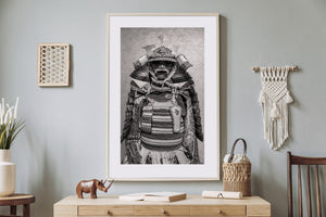 Front view of traditional samurai armor in low light