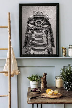 Monochrome image of samurai helmet and face mask