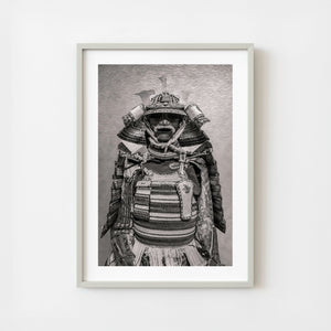 Ancient samurai armor with winged helmet in monochrome