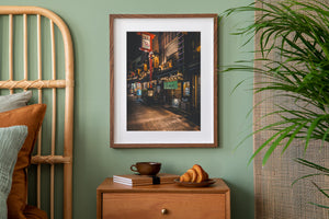 Evening street scene in Tokyo with restaurants and lantern light