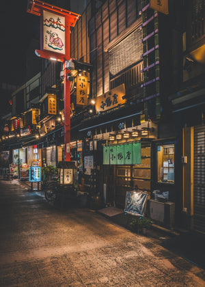 Narrow Tokyo alley lined with traditional restaurants at night