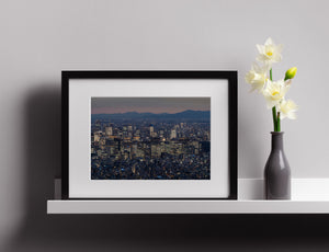 Tokyo skyscrapers beneath a muted blue hour sky