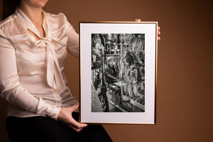 Japanese street market scene with elderly man and hanging garments