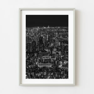 Black and white aerial view of Tokyo skyline and Sumida River bridges at night