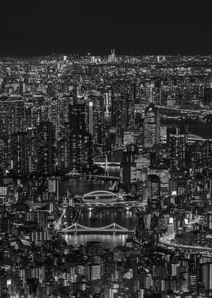 Tokyo city lights and multiple illuminated bridges crossing the Sumida River