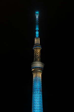 Vertical photograph of Tokyo Skytree against a black sky