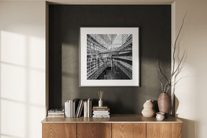 Architectural interior of Tokyo International Forum with dramatic structure