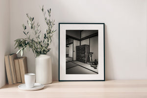 Monochrome photograph of preserved samurai house interior in Japan