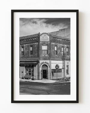 Hotel Connor corner building in Jerome Arizona black and white street photograph