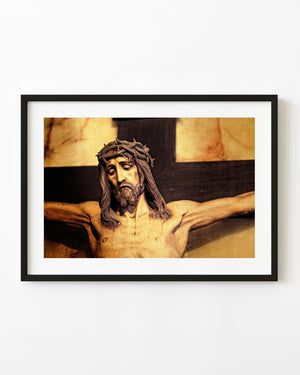 Jesus on the cross in warm light inside a Buenos Aires church