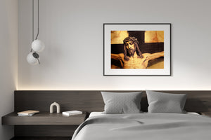 Detail of Jesus’ face and crown of thorns on a crucifix